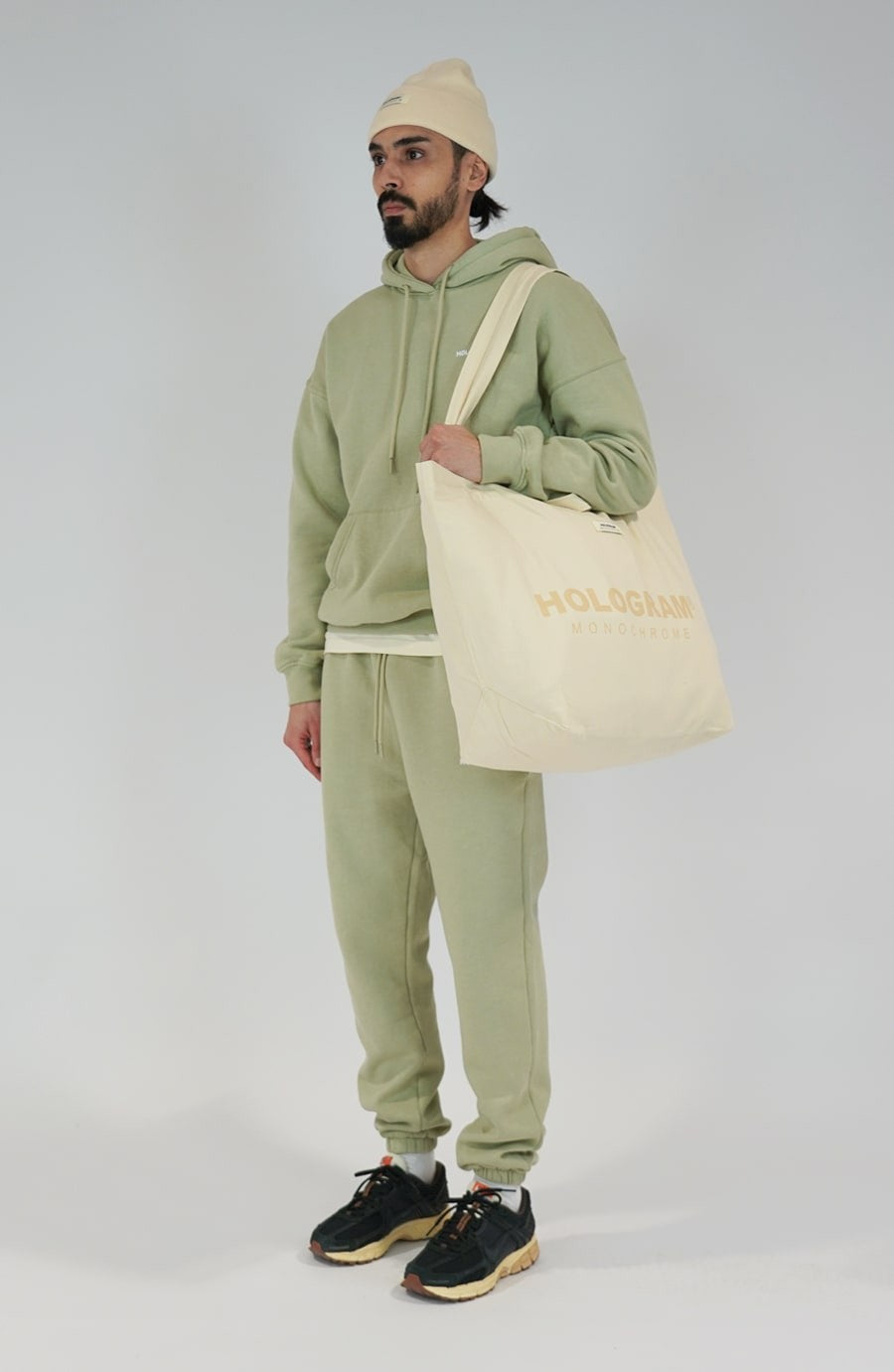 Monochrome beige streetwear tote bag